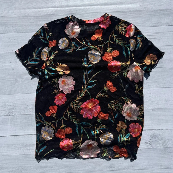 New & Next Metallic Floral Print Black Mesh Ruffle Sleeve Top Size L - Picture 4 of 5